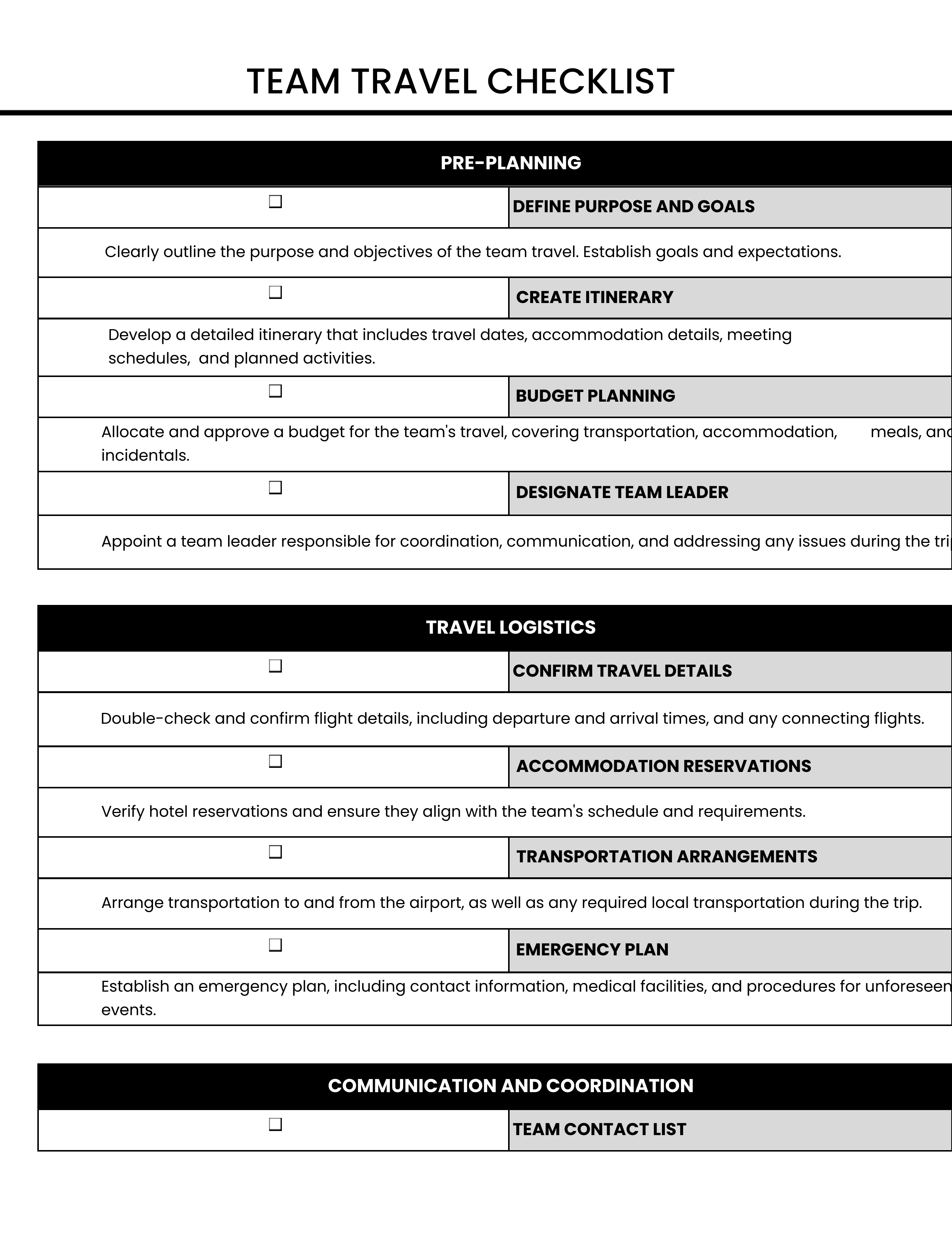 Team Travel Checklist